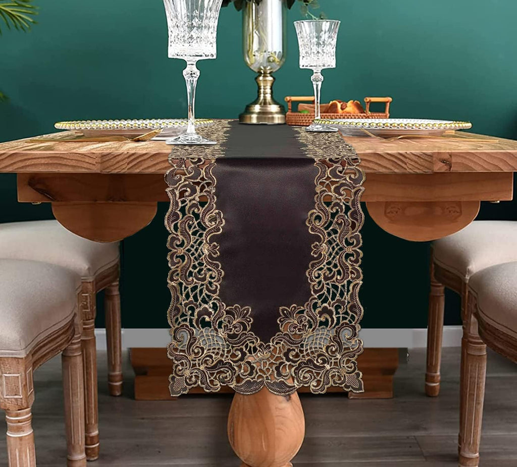 Noir Luxe – Black Gold Table Runner, Granada Collection Modern Decorative Runner 14*108 inch