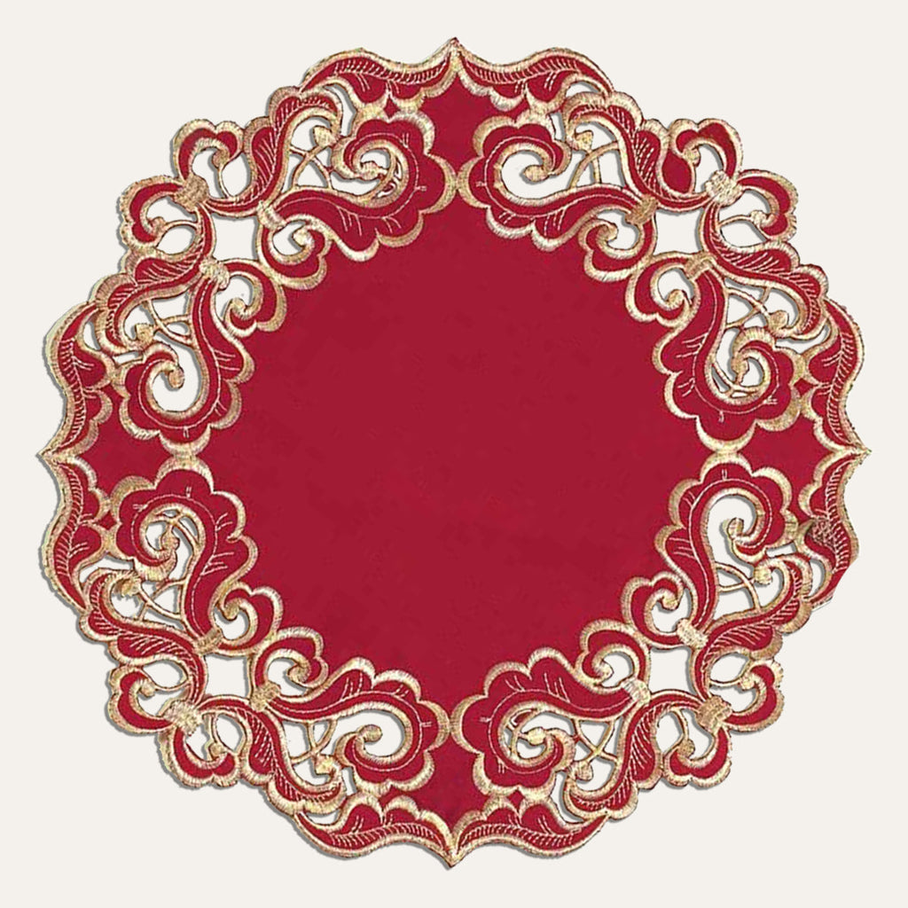 Crimson Glow – Burgundy Gold Table Doilies, Granada Collection Elegant Home Décor 15 inch
