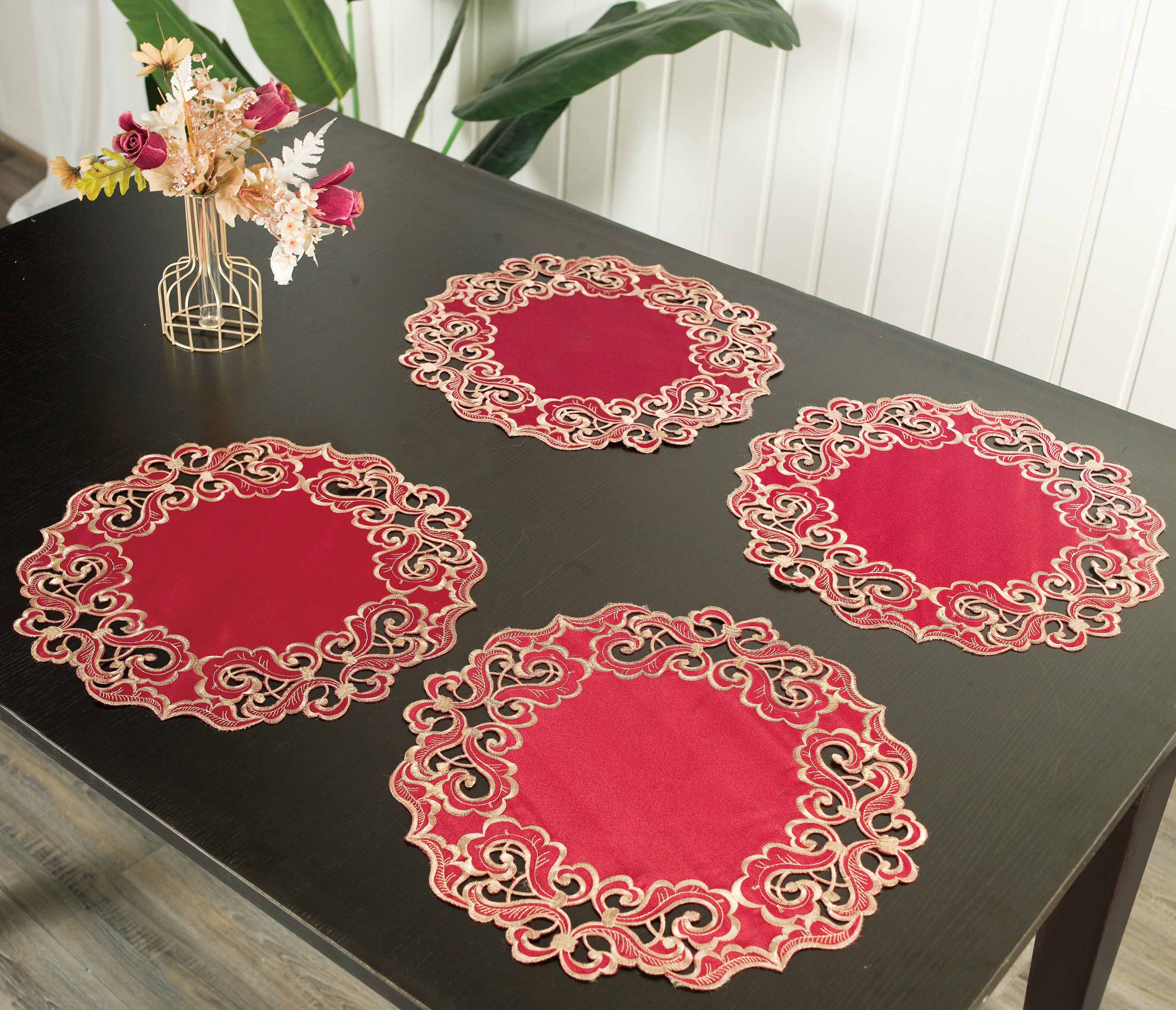 Crimson Glow – Burgundy Gold Table Doilies, Granada Collection Elegant Home Décor 15 inch