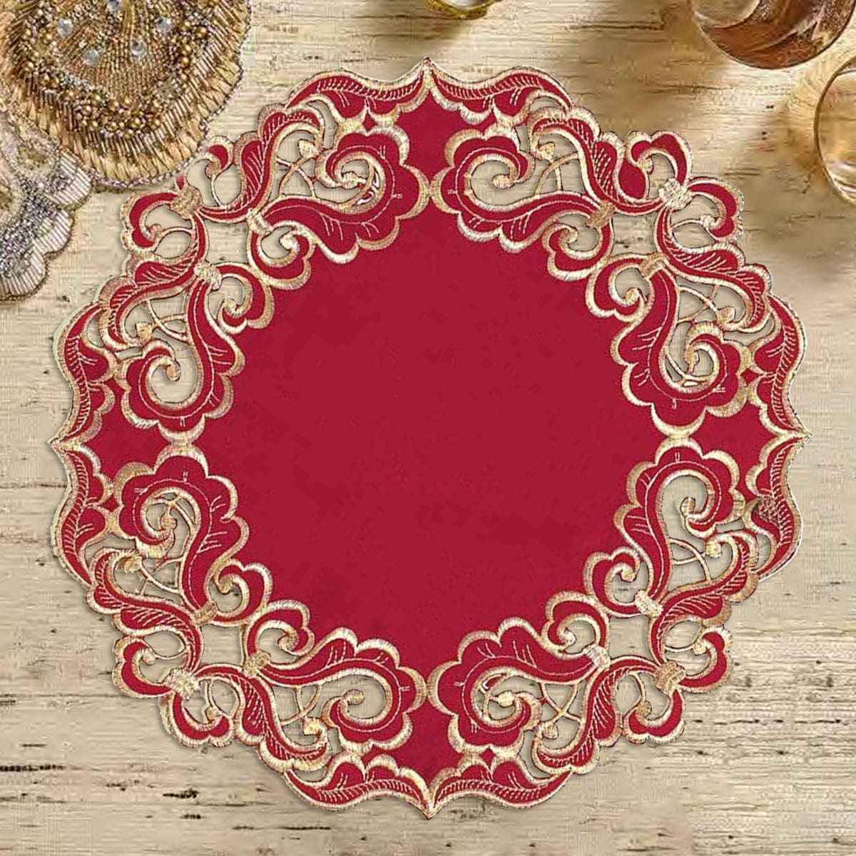 Crimson Glow – Burgundy Gold Table Doilies, Granada Collection Elegant Home Décor 15 inch