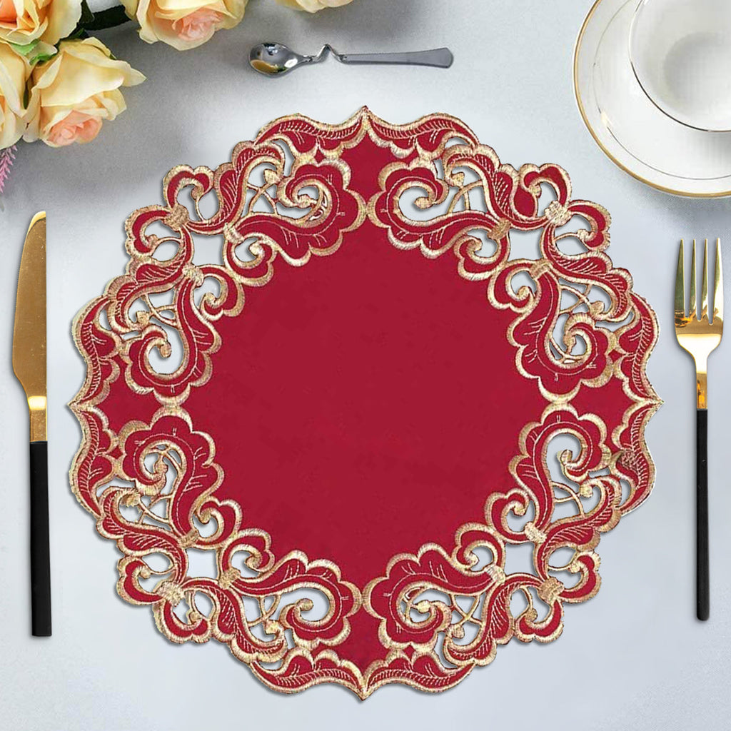Crimson Glow – Burgundy Gold Table Doilies, Granada Collection Elegant Home Décor 15 inch