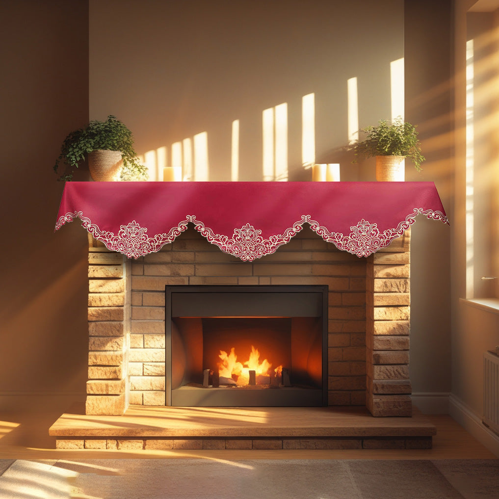 Crimson Glow – Burgundy Gold Mantel Scarf, Granada Collection Elegant Decorative Home Décor 18*90 Inch