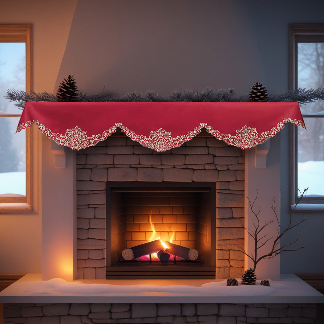 Crimson Glow – Burgundy Gold Mantel Scarf, Granada Collection Elegant Decorative Home Décor 18*90 Inch