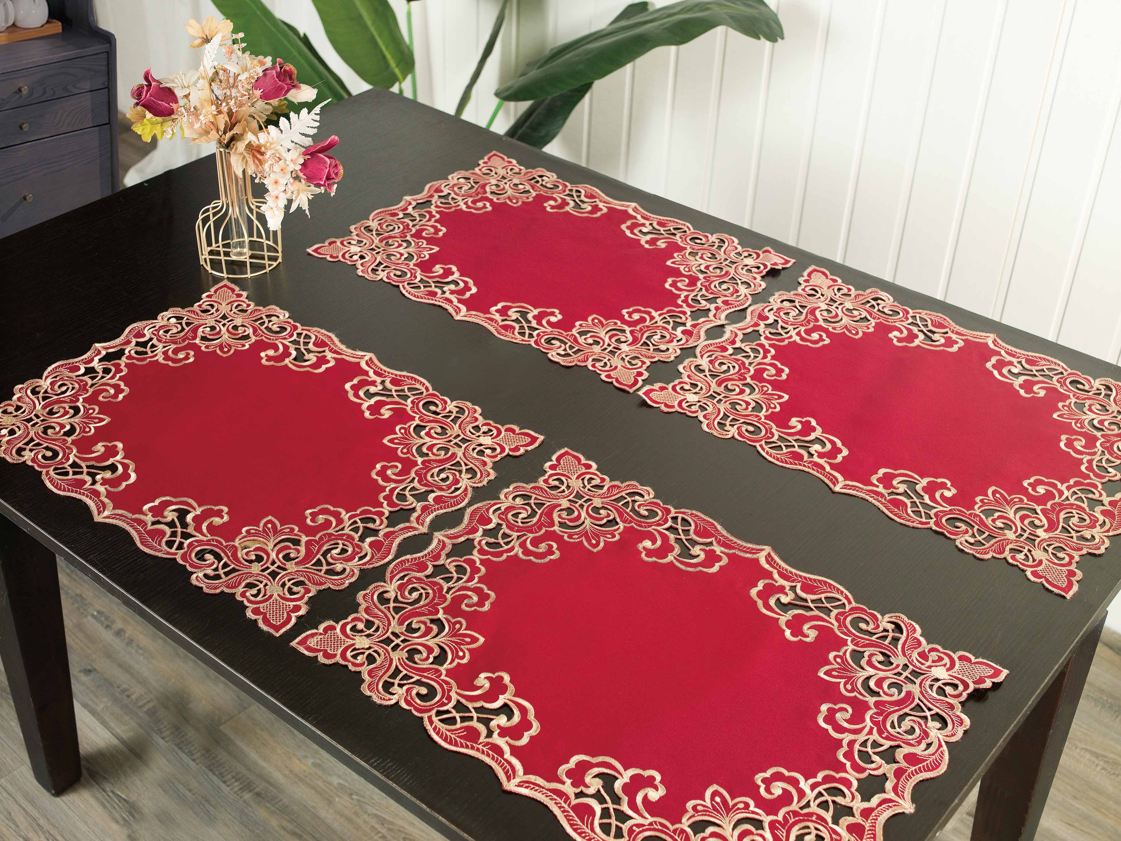 Crimson Glow – Burgundy Gold Table Placemats, Granada Collection Elegant Dining Décor 12*18 inch