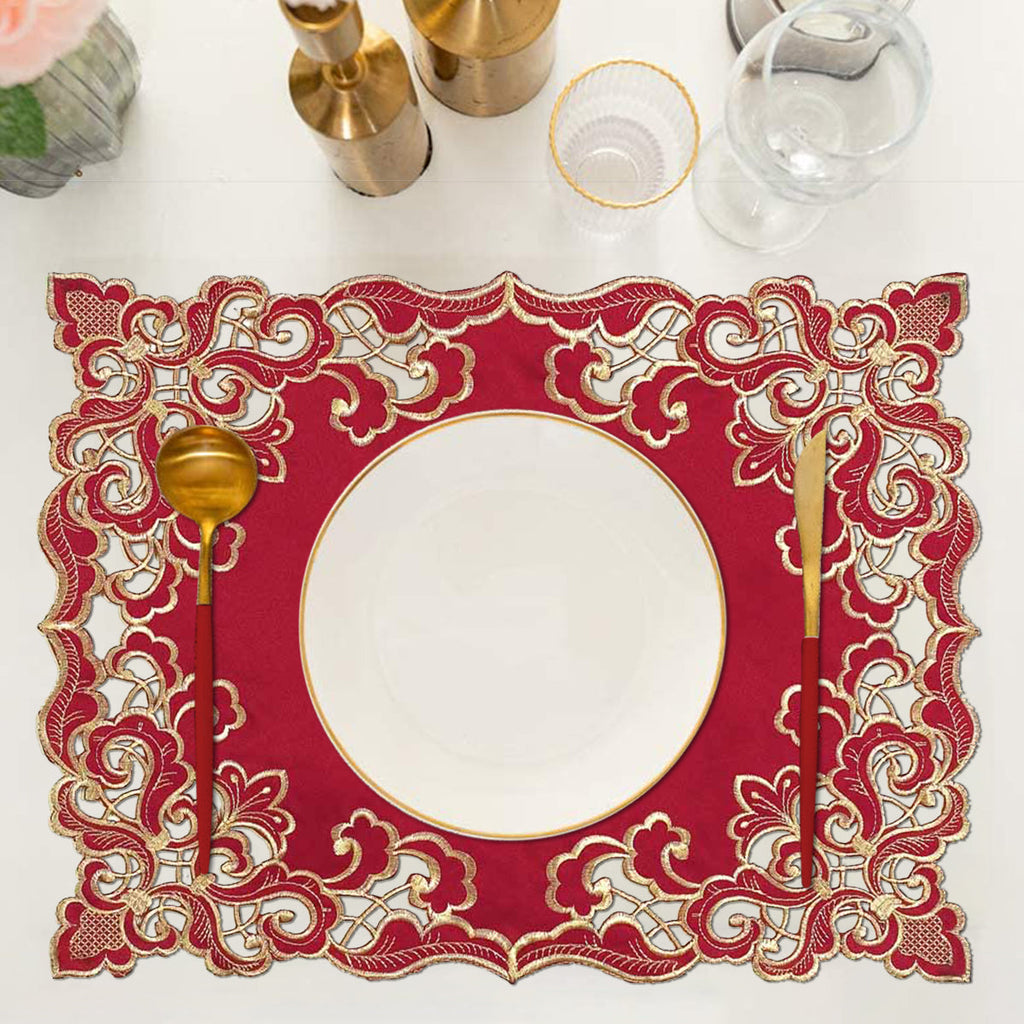 Crimson Glow – Burgundy Gold Table Placemats, Granada Collection Elegant Dining Décor 12*18 inch