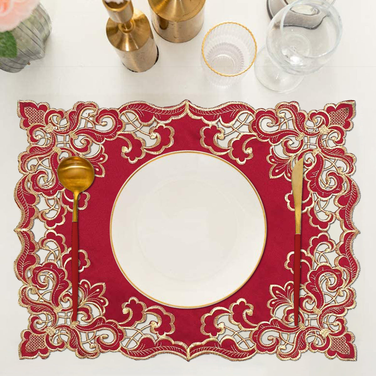 Crimson Glow – Burgundy Gold Table Placemats, Granada Collection Elegant Dining Décor 12*18 inch
