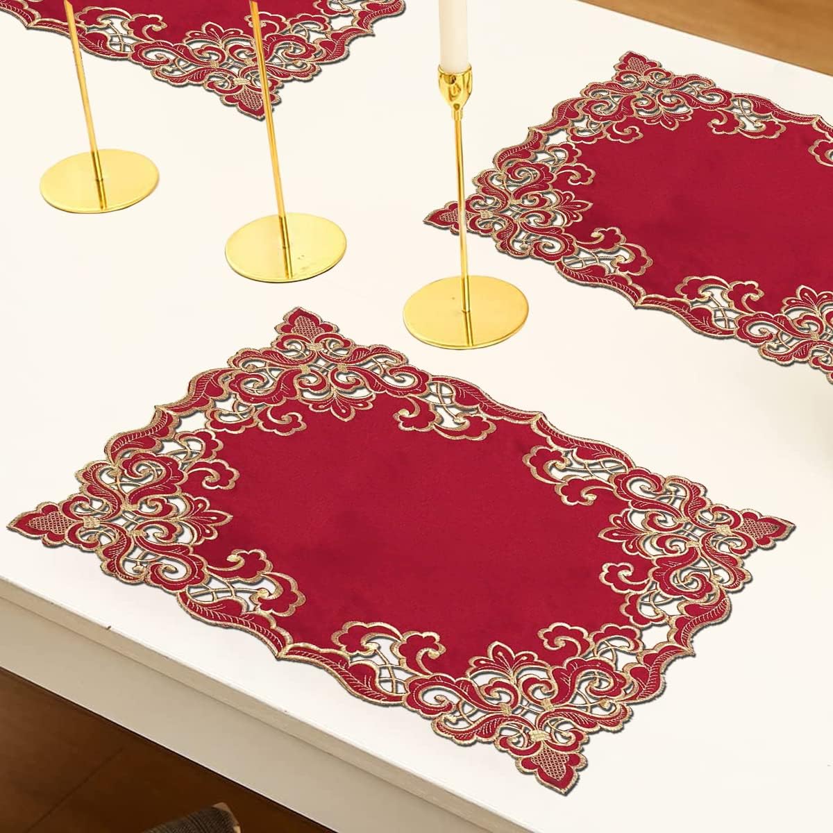 Crimson Glow – Burgundy Gold Table Placemats, Granada Collection Elegant Dining Décor 12*18 inch