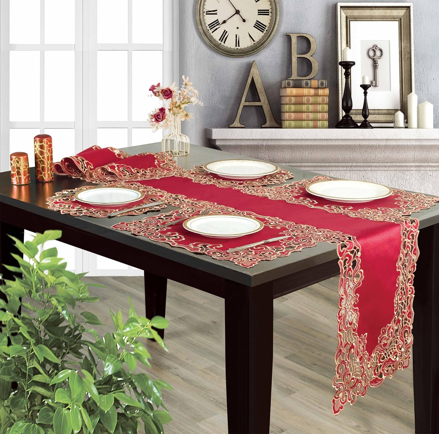 Crimson Glow – Burgundy Gold Table Placemats, Granada Collection Elegant Dining Décor 12*18 inch