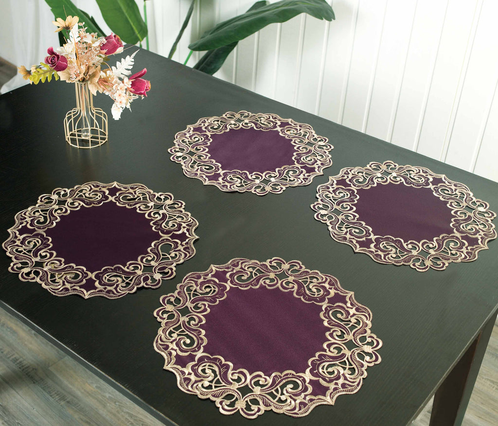 Amethyst Haze – Plum Gold Table Doilies, Granada Collection Artistic Table Décor 15 inch