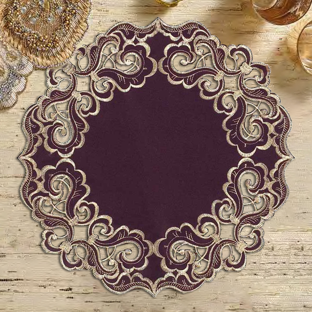 Amethyst Haze – Plum Gold Table Doilies, Granada Collection Artistic Table Décor 15 inch
