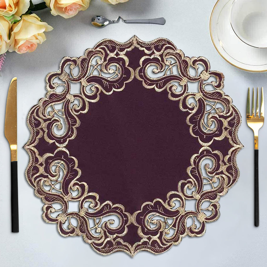 Amethyst Haze – Plum Gold Table Doilies, Granada Collection Artistic Table Décor 15 inch