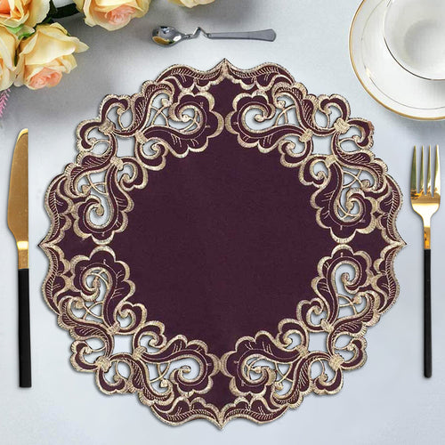 Amethyst Haze – Plum Gold Table Doilies, Granada Collection Artistic Table Décor 15 inch