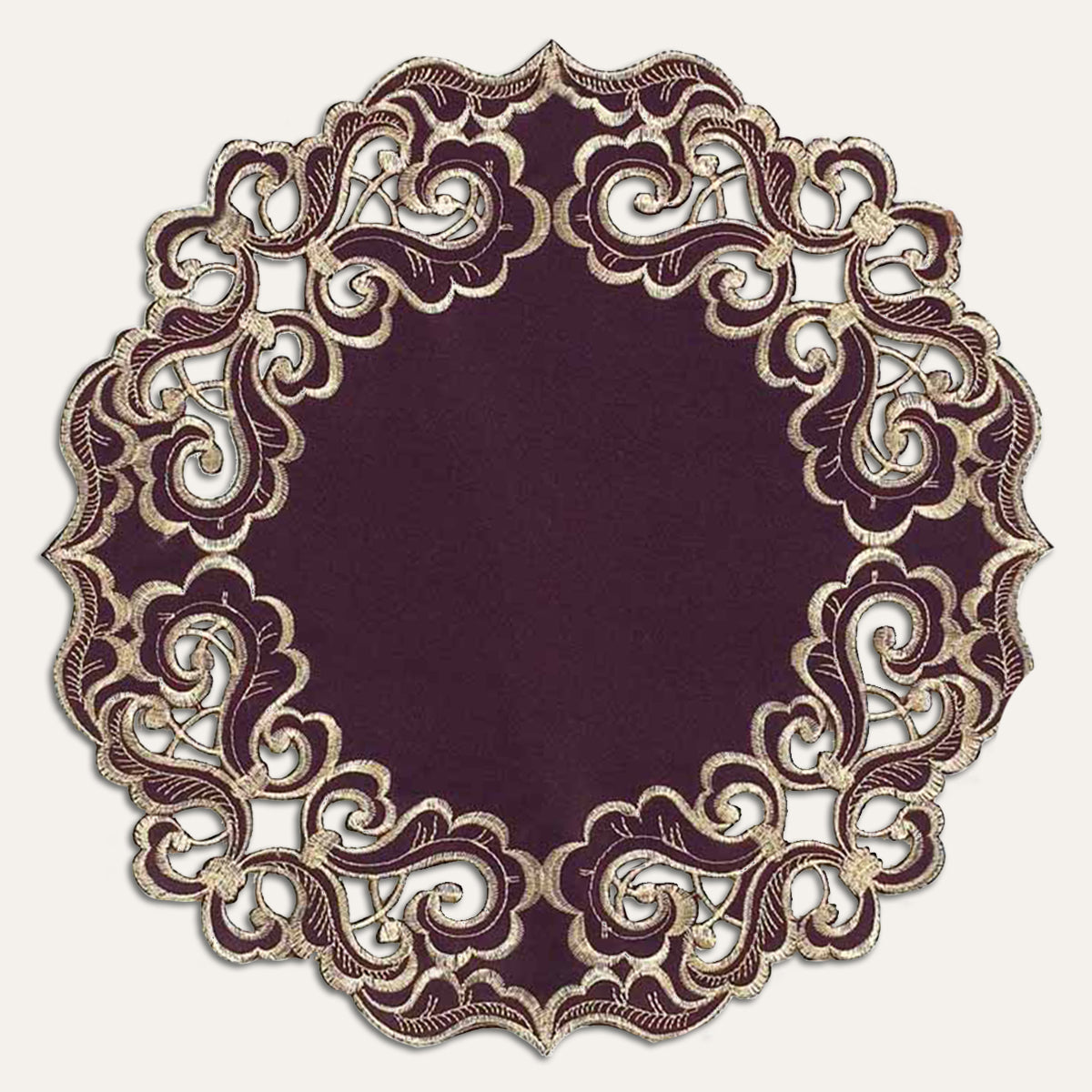 Amethyst Haze – Plum Gold Table Doilies, Granada Collection Artistic Table Décor 15 inch