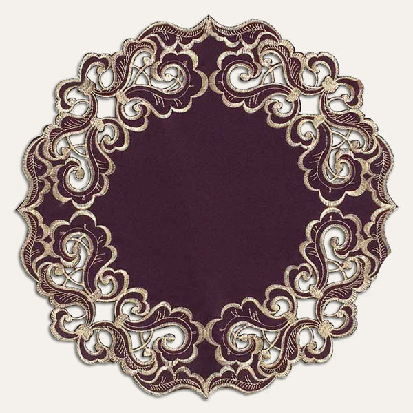Amethyst Haze – Plum Gold Table Doilies, Granada Collection Artistic Table Décor 15 inch