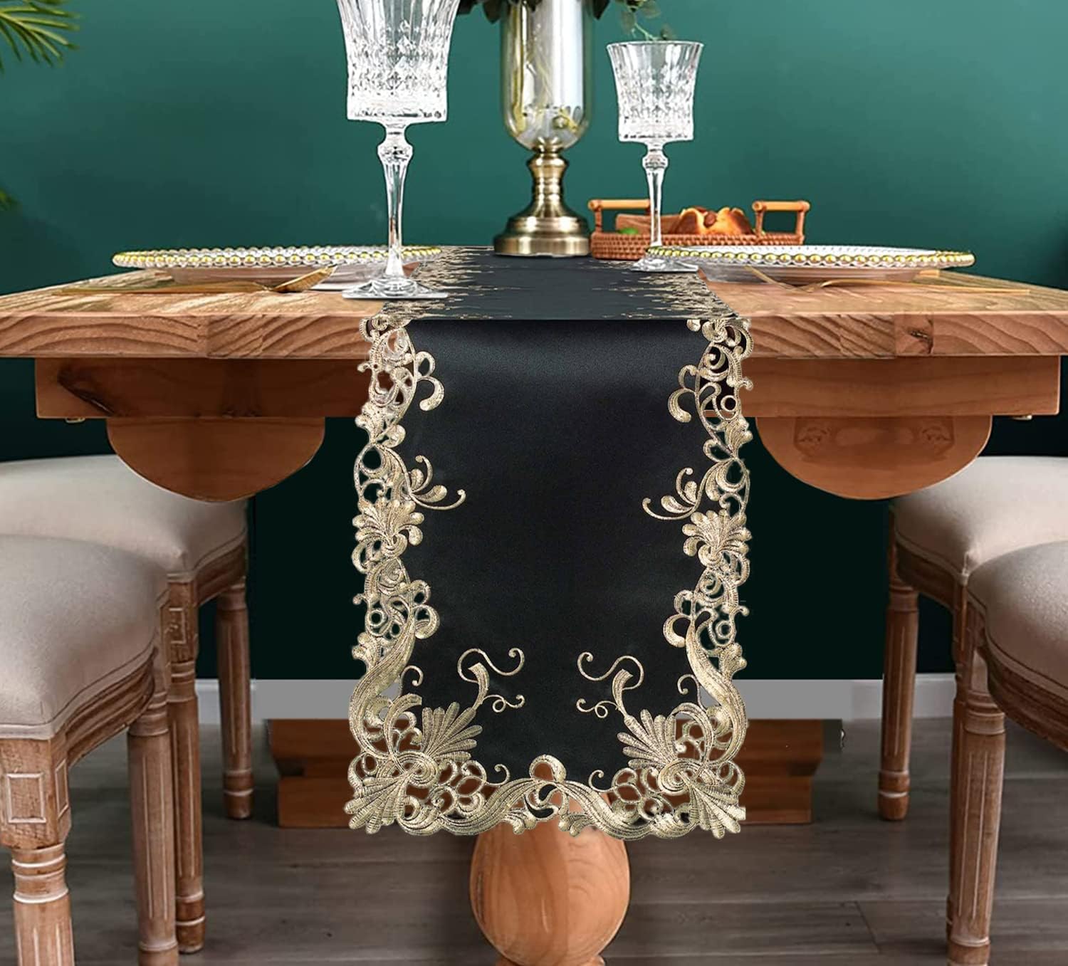 Golden Night – Black Gold Table Runner, Chantelle Collection Decorative Home Accent 14*108 inch