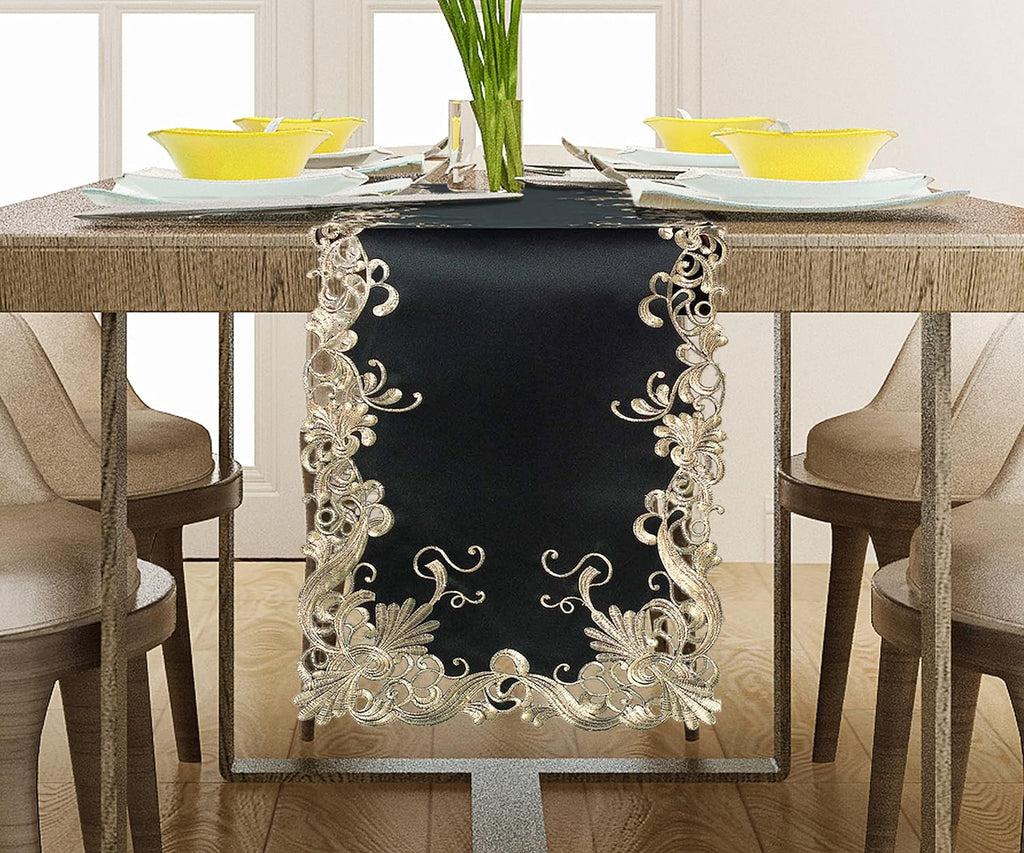 Golden Night – Black Gold Table Runner, Chantelle Collection Decorative Home Accent 14*108 inch