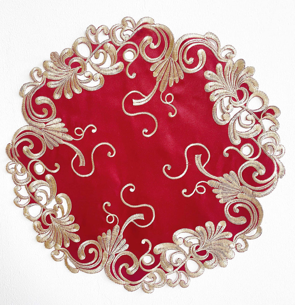 Burgundy Charm – Burgundy Gold Table Doilies, Chantelle Collection Artistic Table Décor 15 inch