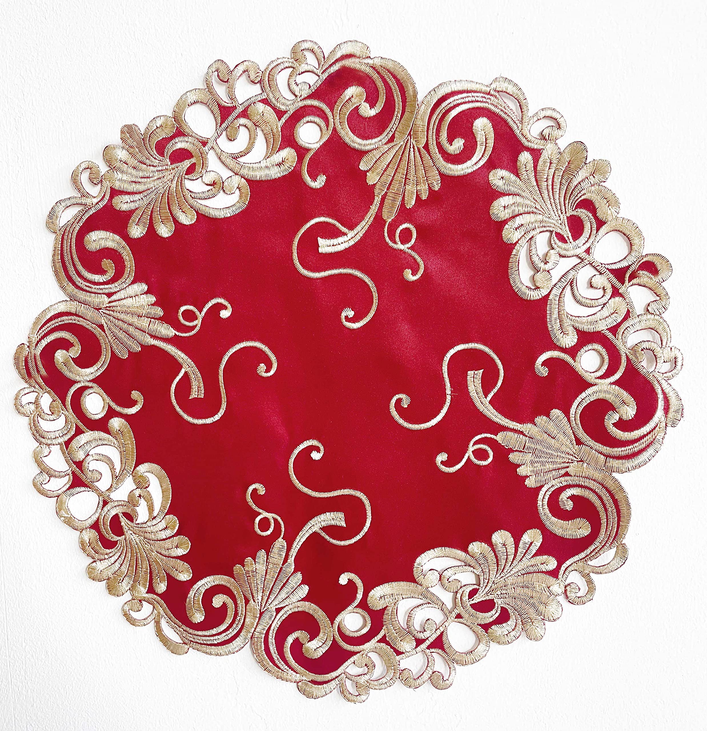 Burgundy Charm – Burgundy Gold Table Doilies, Chantelle Collection Artistic Table Décor 15 inch