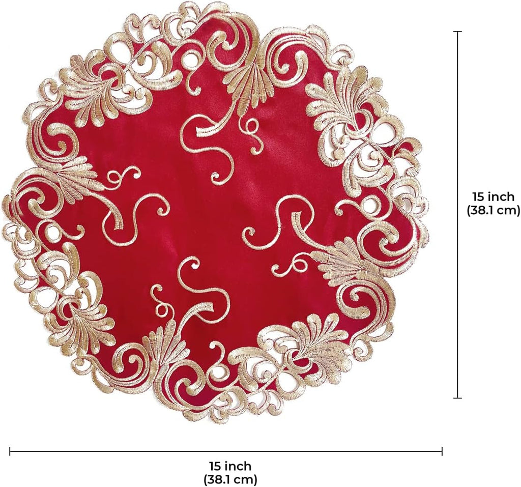 Burgundy Charm – Burgundy Gold Table Doilies, Chantelle Collection Artistic Table Décor 15 inch