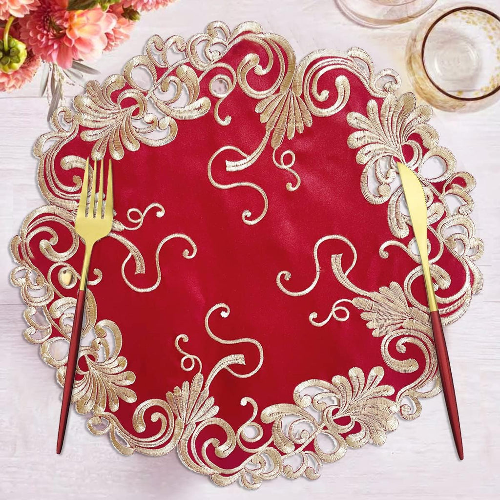 Burgundy Charm – Burgundy Gold Table Doilies, Chantelle Collection Artistic Table Décor 15 inch