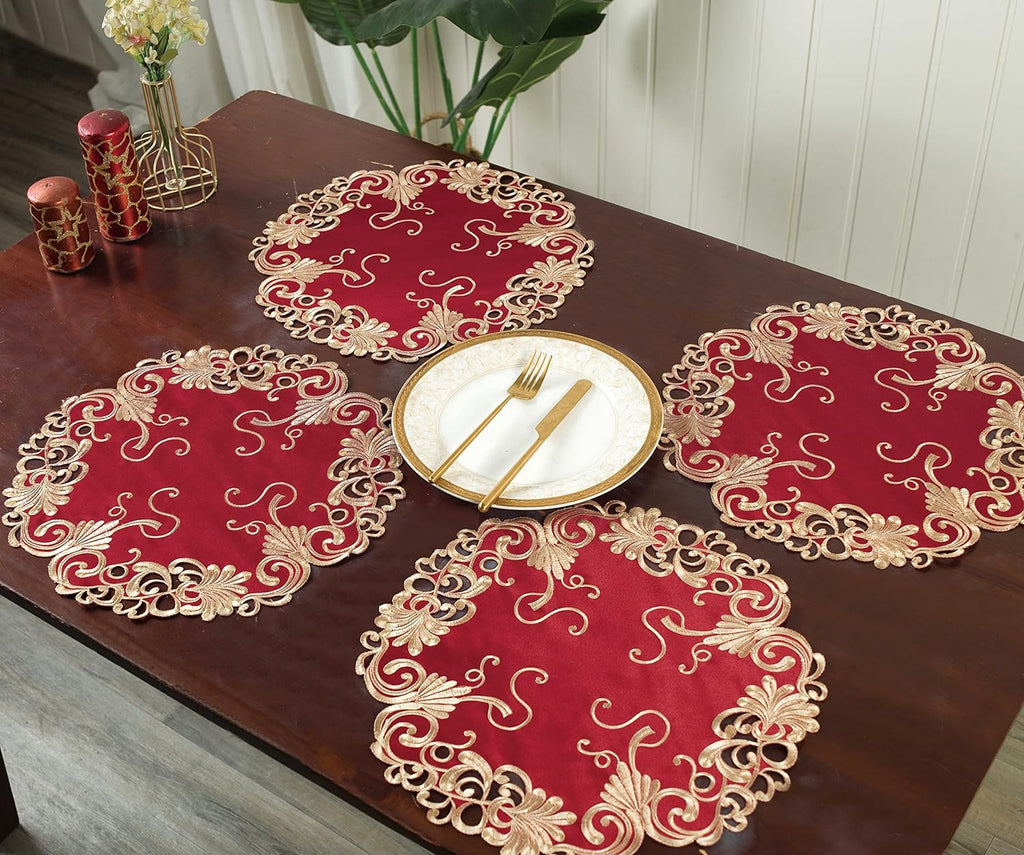 Burgundy Charm – Burgundy Gold Table Doilies, Chantelle Collection Artistic Table Décor 15 inch