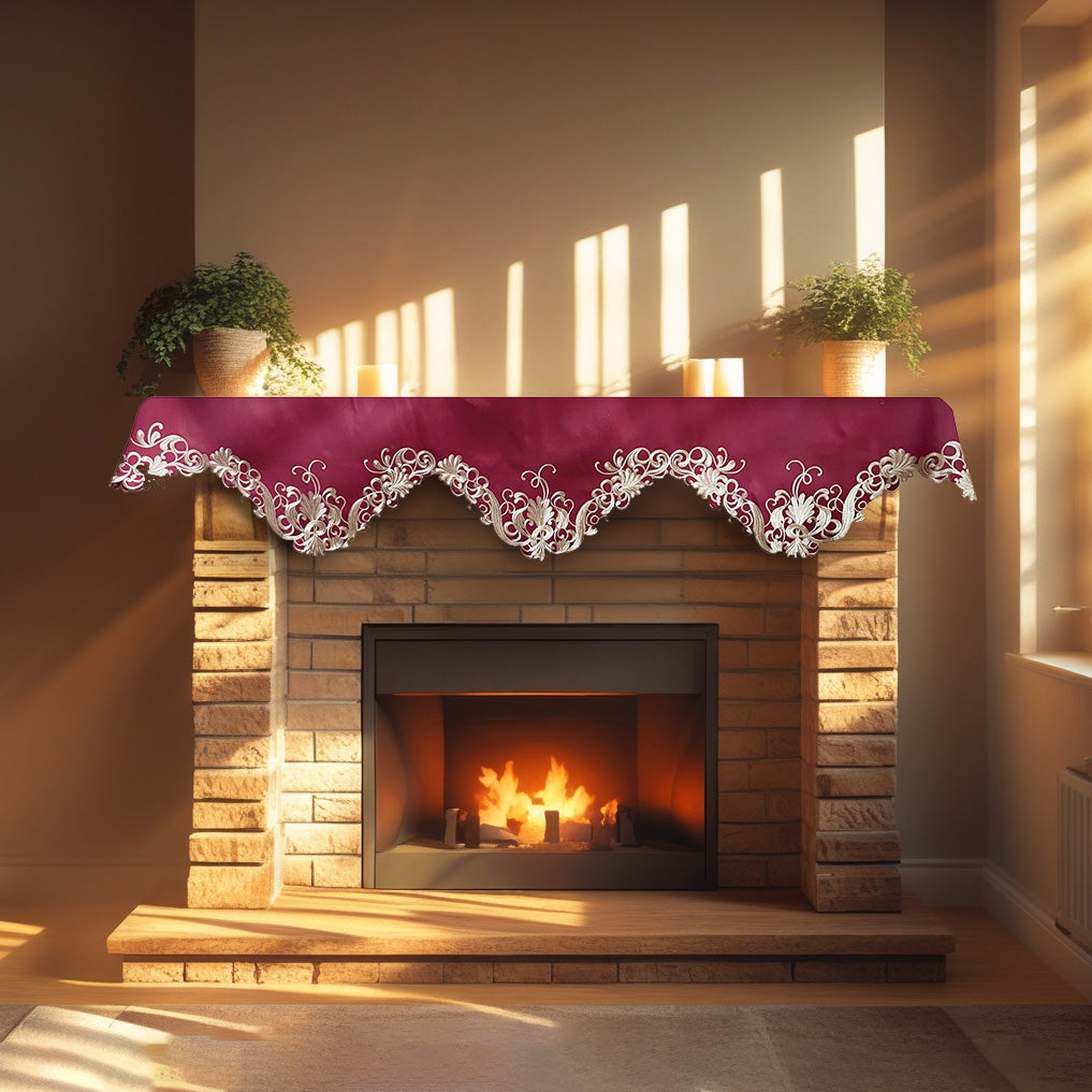 Burgundy Charm – Burgundy Gold Mantel Scarf, Chantelle Collection Artistic Home Accent 18*90 Inch