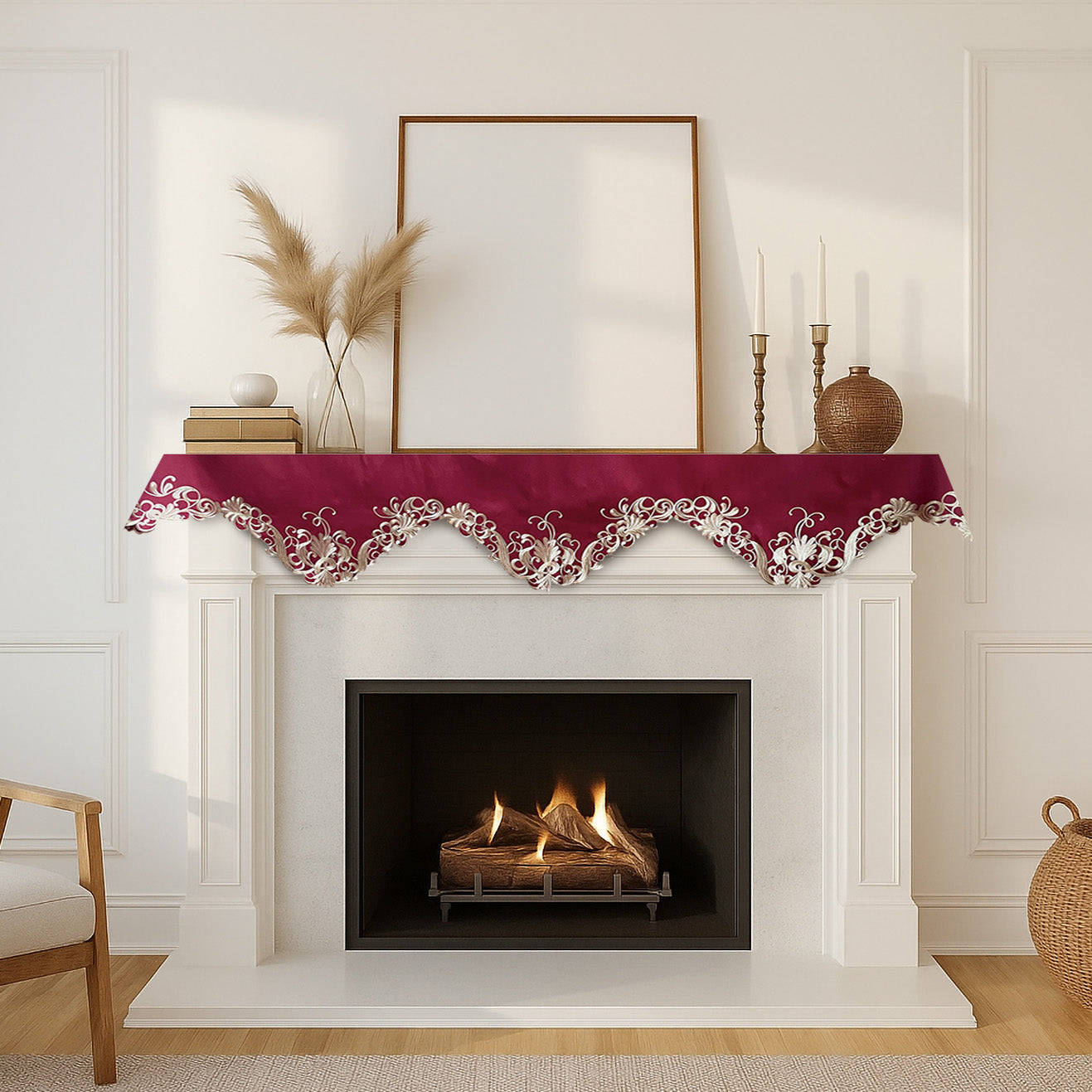 Burgundy Charm – Burgundy Gold Mantel Scarf, Chantelle Collection Artistic Home Accent 18*90 Inch