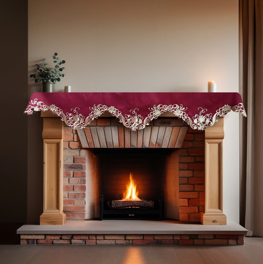 Burgundy Charm – Burgundy Gold Mantel Scarf, Chantelle Collection Artistic Home Accent 18*90 Inch