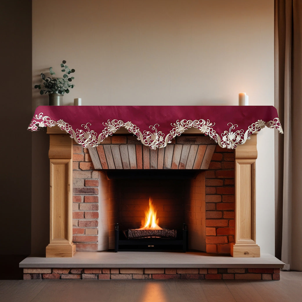 Burgundy Charm – Burgundy Gold Mantel Scarf, Chantelle Collection Artistic Home Accent 18*90 Inch