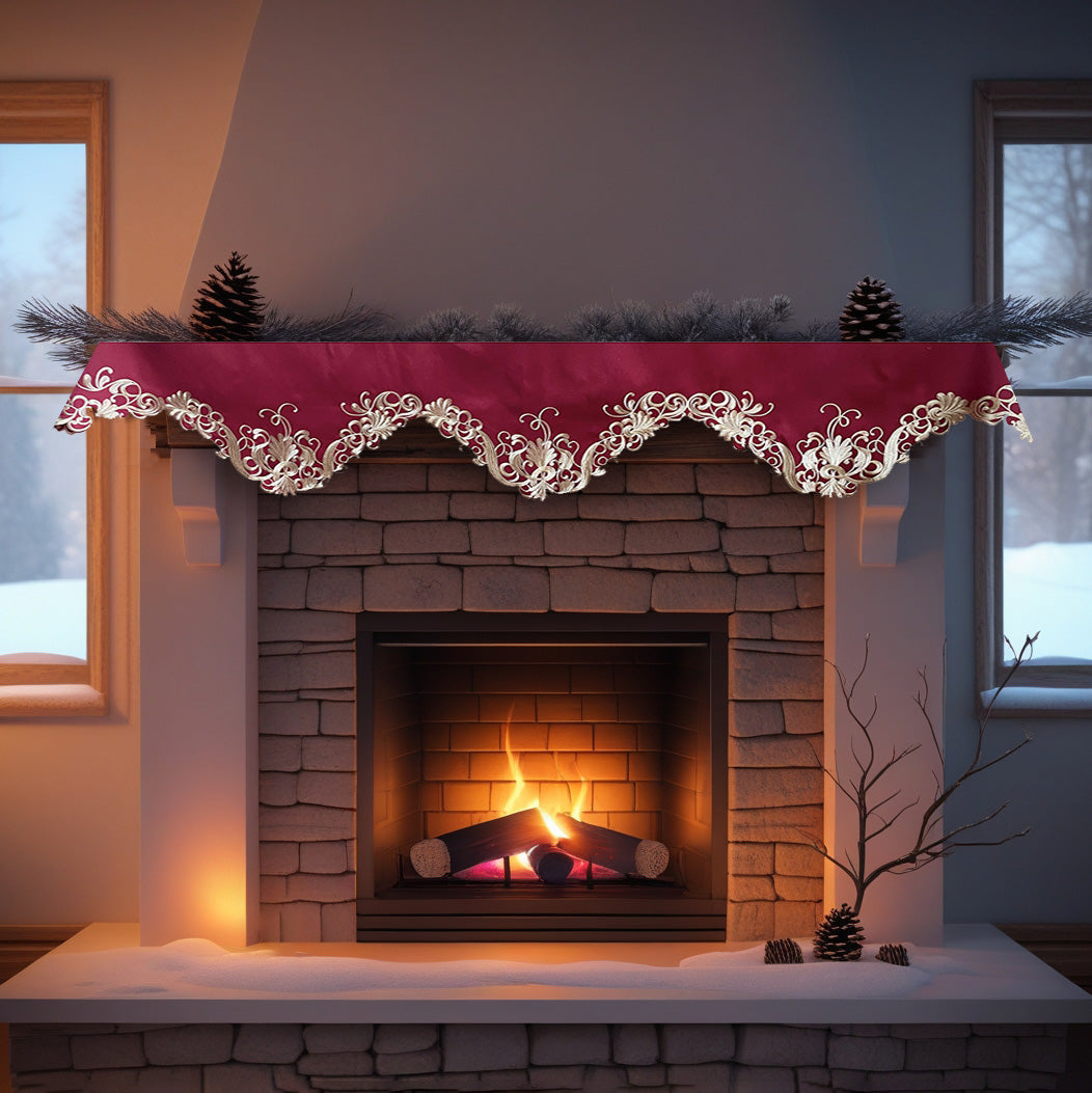 Burgundy Charm – Burgundy Gold Mantel Scarf, Chantelle Collection Artistic Home Accent 18*90 Inch