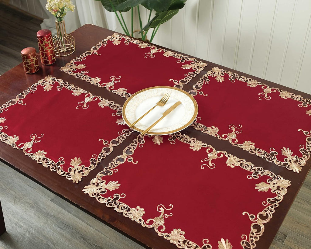 Burgundy Charm – Burgundy Gold Table Placemats, Chantelle Collection Artistic Dining Décor 12*18 inch