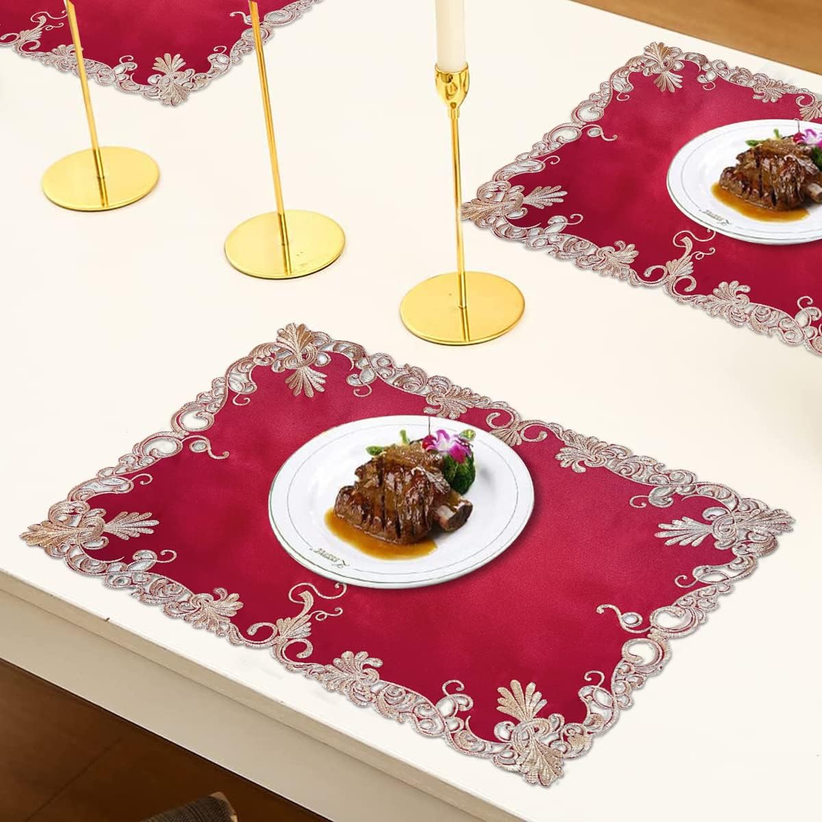 Burgundy Charm – Burgundy Gold Table Placemats, Chantelle Collection Artistic Dining Décor 12*18 inch