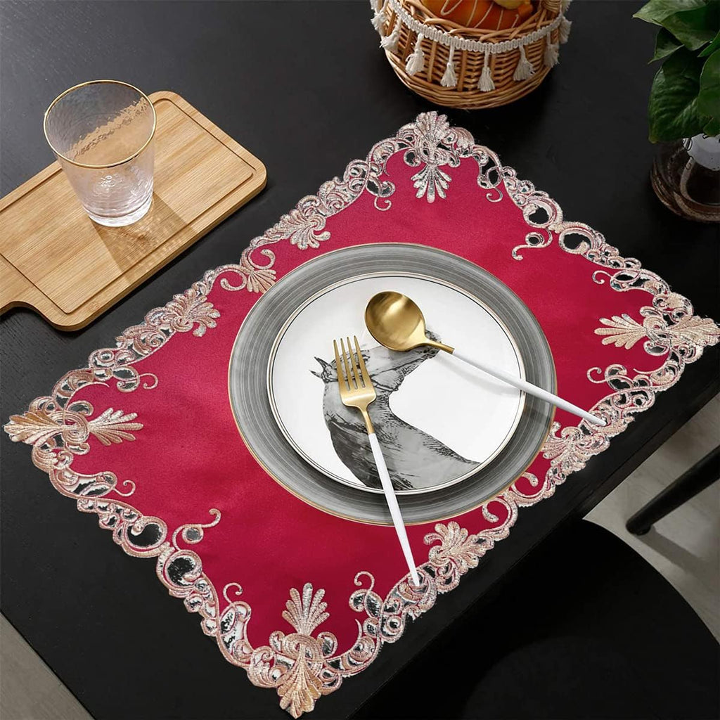 Burgundy Charm – Burgundy Gold Table Placemats, Chantelle Collection Artistic Dining Décor 12*18 inch
