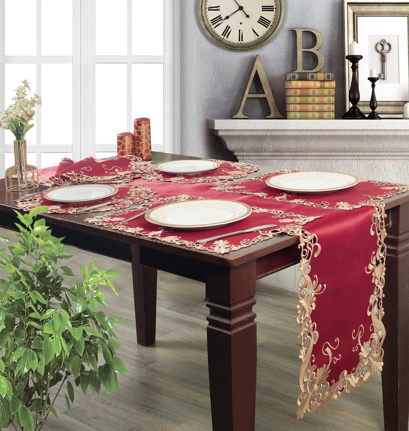 Burgundy Charm – Burgundy Gold Table Placemats, Chantelle Collection Artistic Dining Décor 12*18 inch