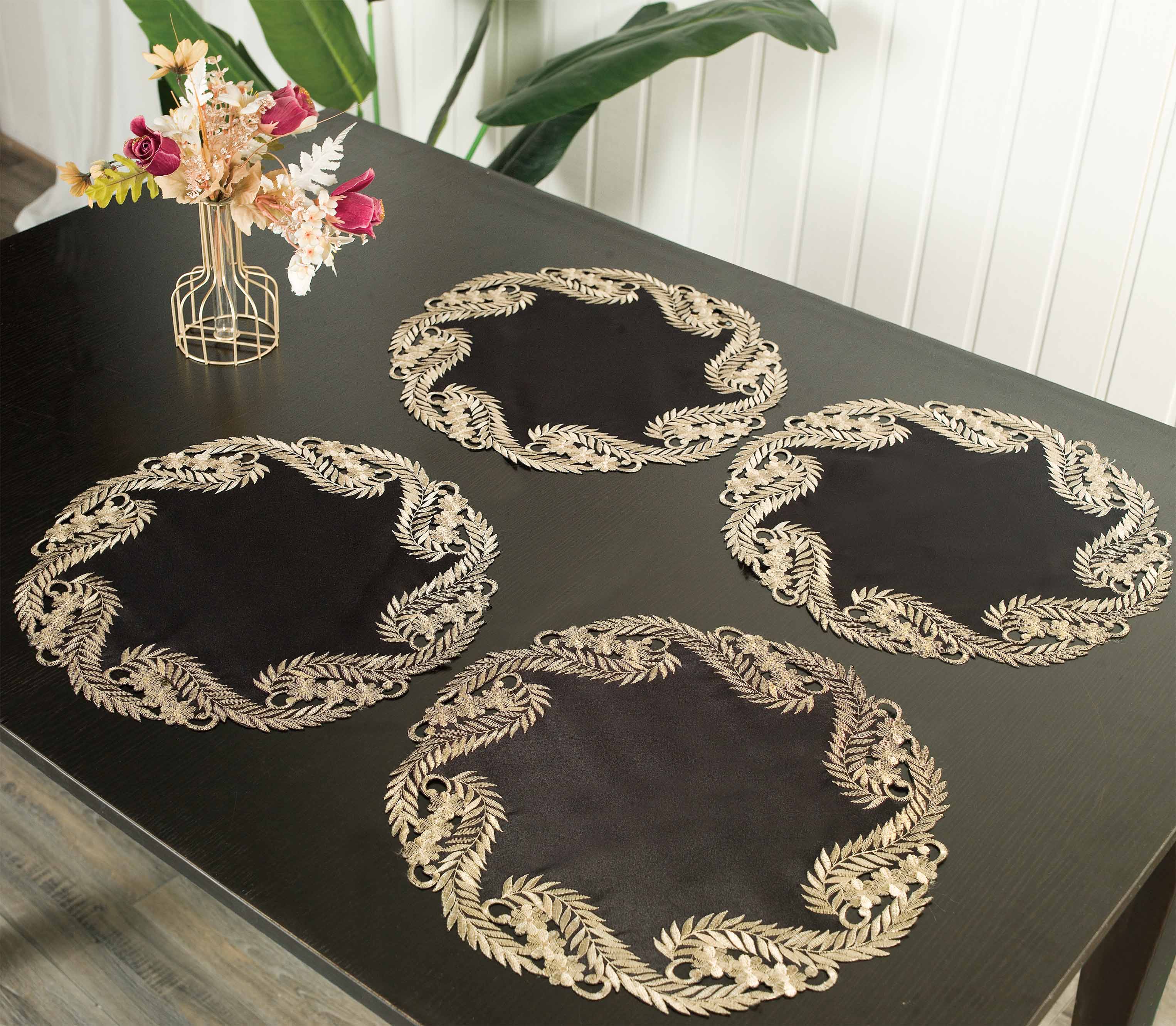 Ebony Bloom – Black Gold Table Doilies, Anyce Collection Elegant Decorative Runner 15 inch