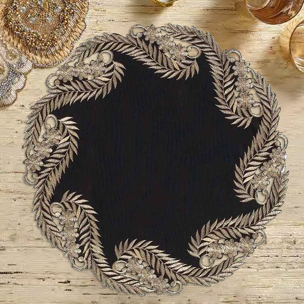 Ebony Bloom – Black Gold Table Doilies, Anyce Collection Elegant Decorative Runner 15 inch