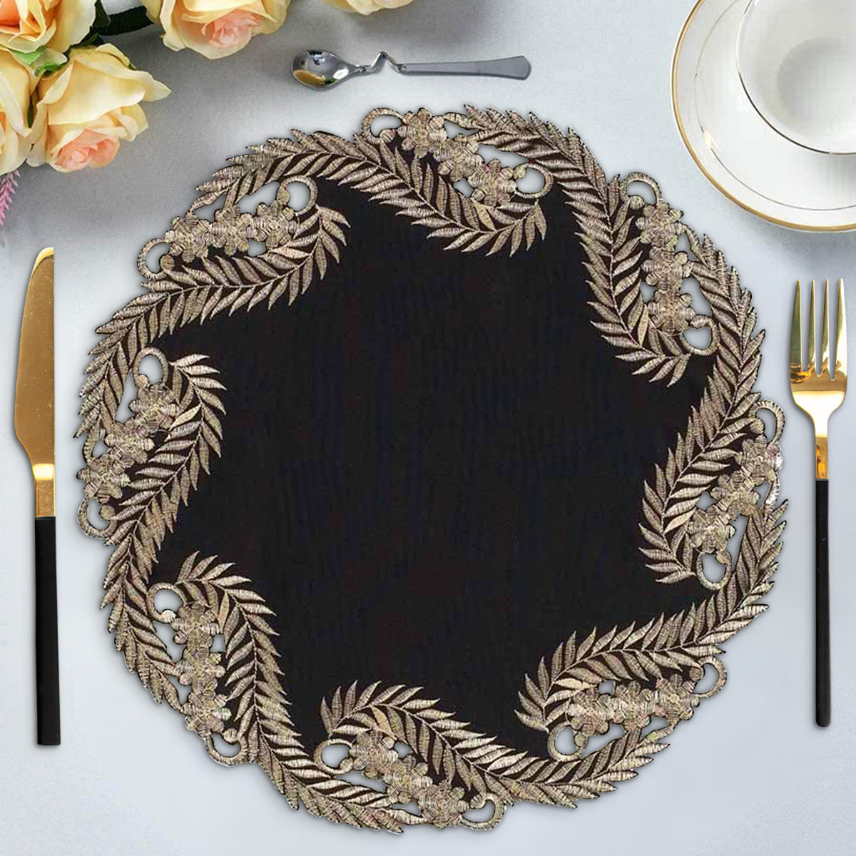 Ebony Bloom – Black Gold Table Doilies, Anyce Collection Elegant Decorative Runner 15 inch