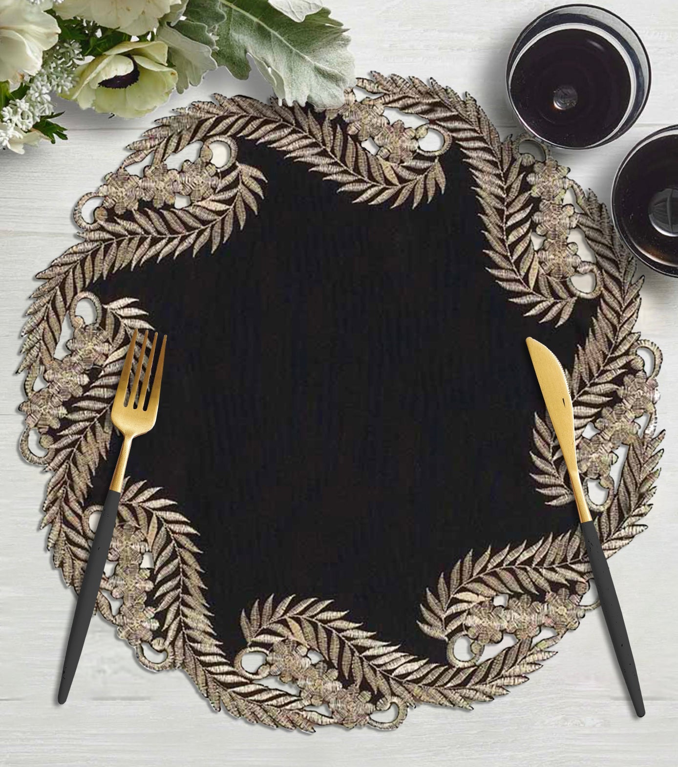 Ebony Bloom – Black Gold Table Doilies, Anyce Collection Elegant Decorative Runner 15 inch
