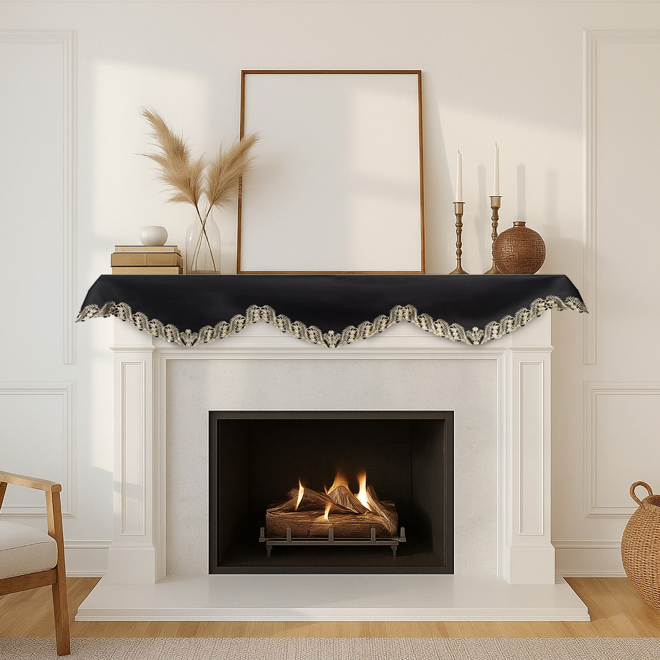 Ebony Bloom – Black Gold Mantel Scarf, Anyce Collection Modern Decorative Home Décor 18*90 Inch