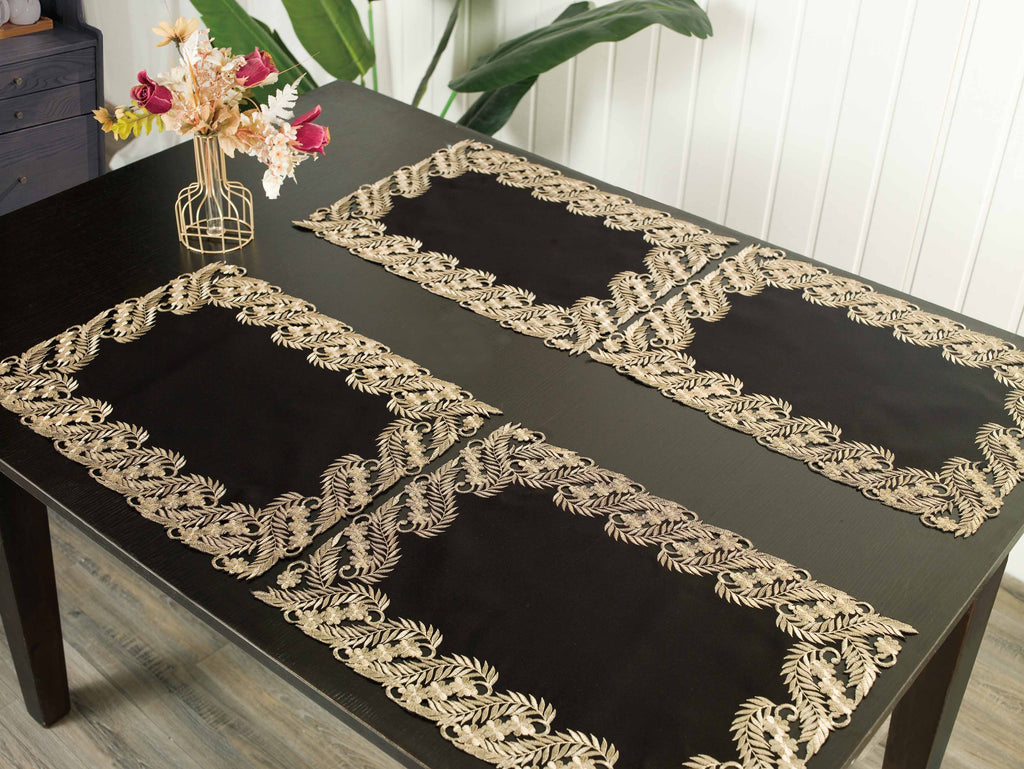 Ebony Bloom – Black Gold Table Placemats, Anyce Collection Elegant Decorative Dining Décor 12*18 inch