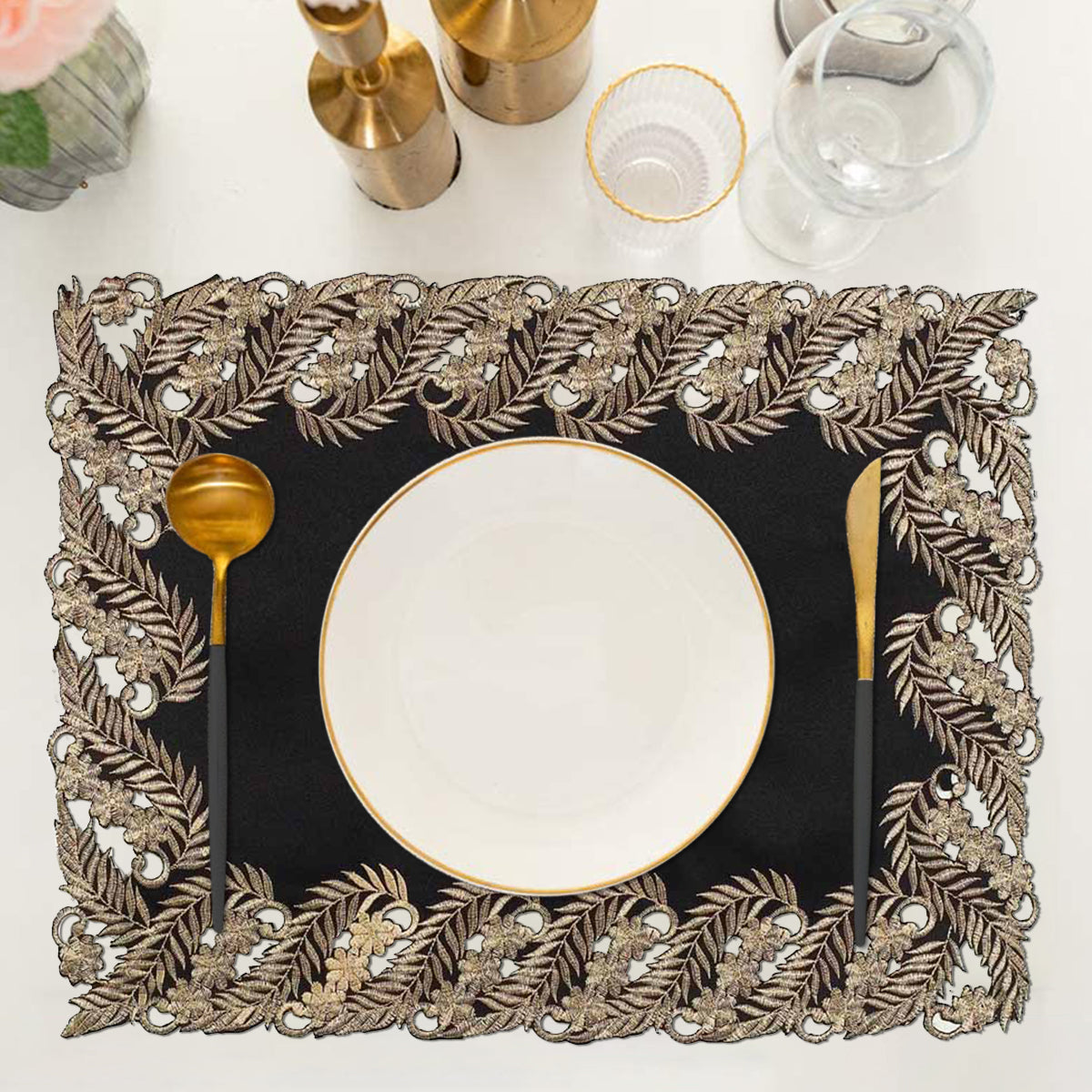 Ebony Bloom – Black Gold Table Placemats, Anyce Collection Elegant Decorative Dining Décor 12*18 inch