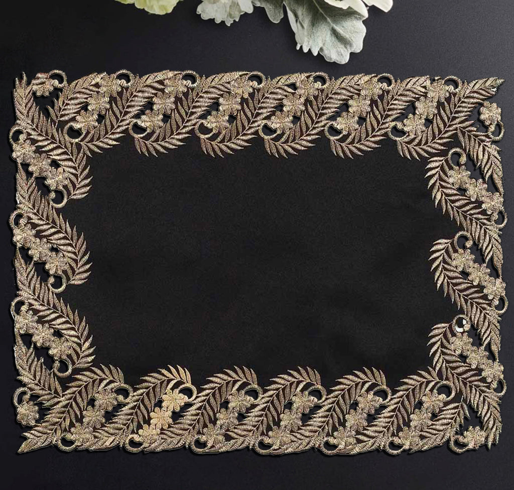 Ebony Bloom – Black Gold Table Placemats, Anyce Collection Elegant Decorative Dining Décor 12*18 inch