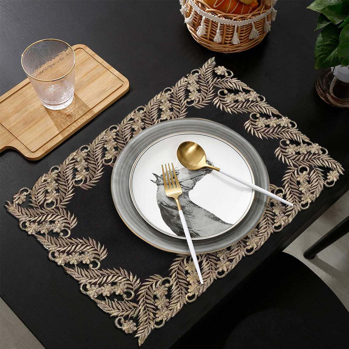 Ebony Bloom – Black Gold Table Placemats, Anyce Collection Elegant Decorative Dining Décor 12*18 inch