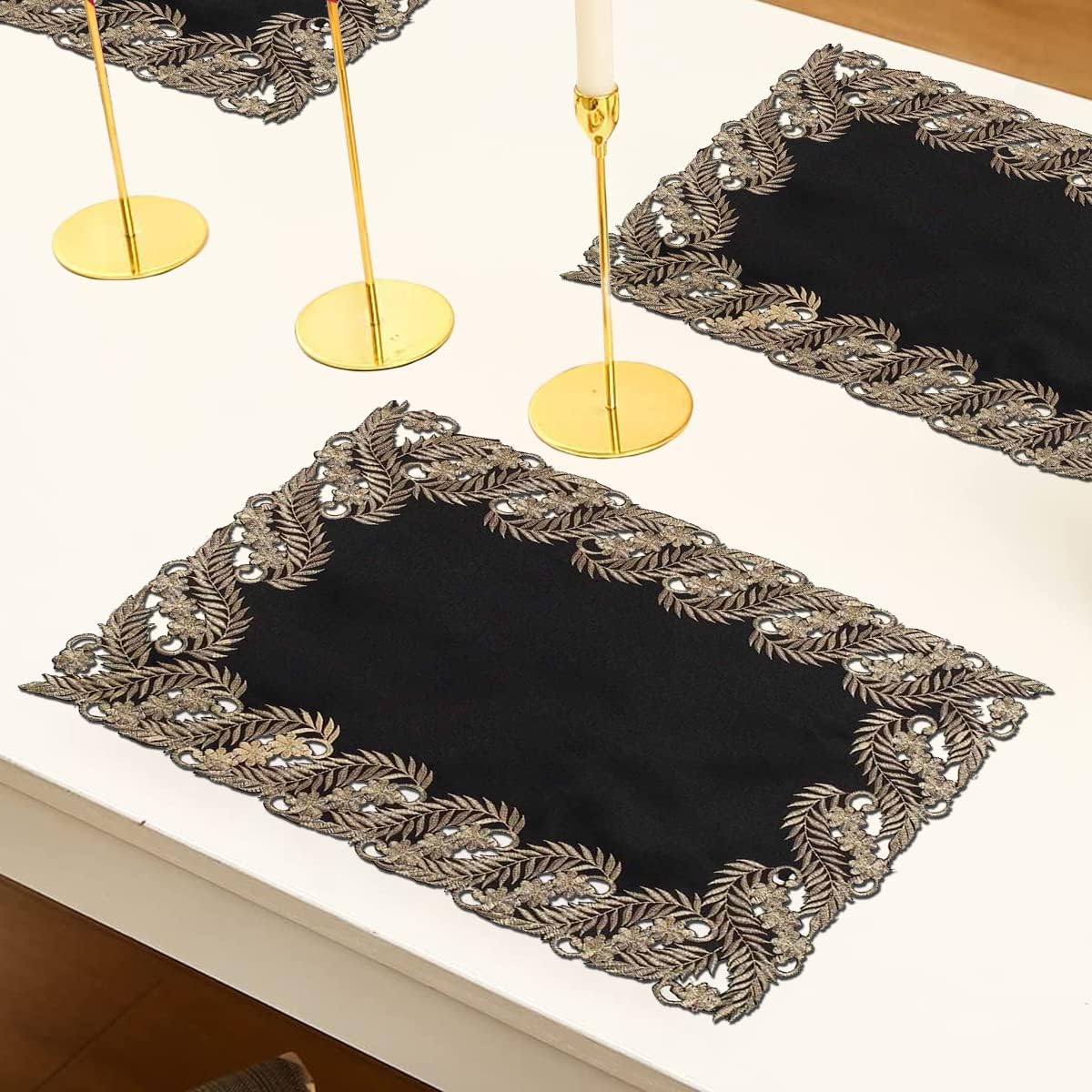 Ebony Bloom – Black Gold Table Placemats, Anyce Collection Elegant Decorative Dining Décor 12*18 inch