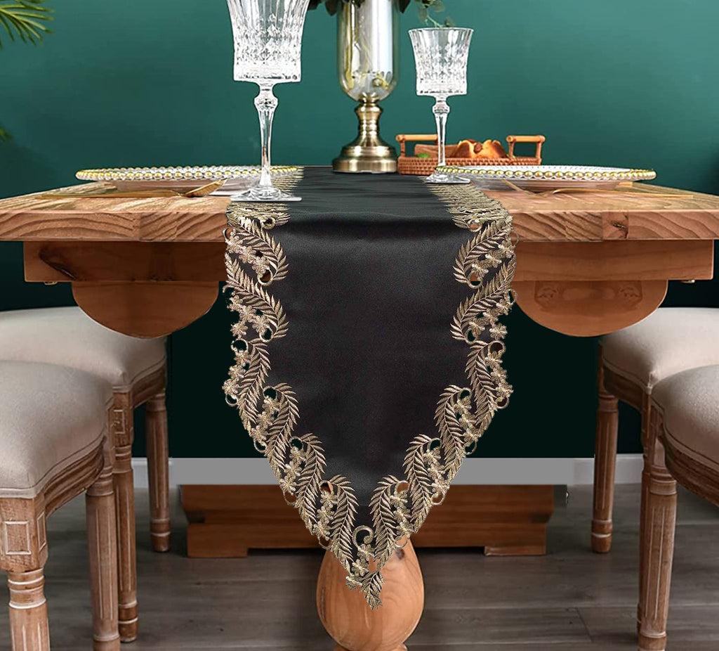 Ebony Bloom – Black Gold Table Runner, Anyce Collection Elegant Decorative Runner 14*108 inch