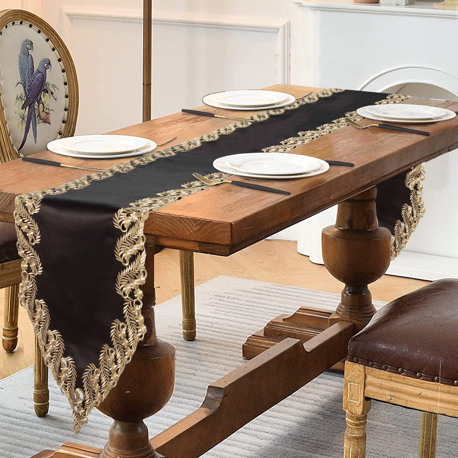 Ebony Bloom – Black Gold Table Runner, Anyce Collection Elegant Decorative Runner 14*108 inch