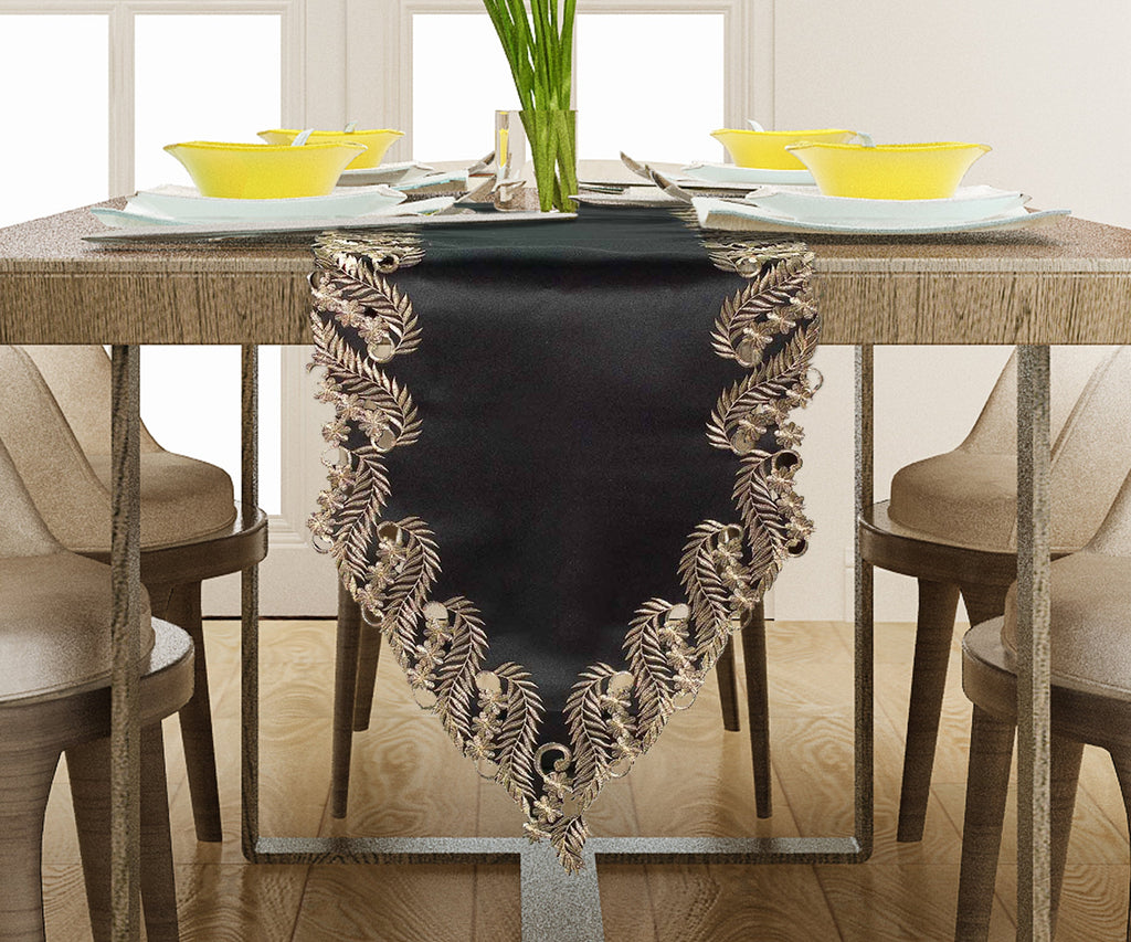 Ebony Bloom – Black Gold Table Runner, Anyce Collection Elegant Decorative Runner 14*108 inch
