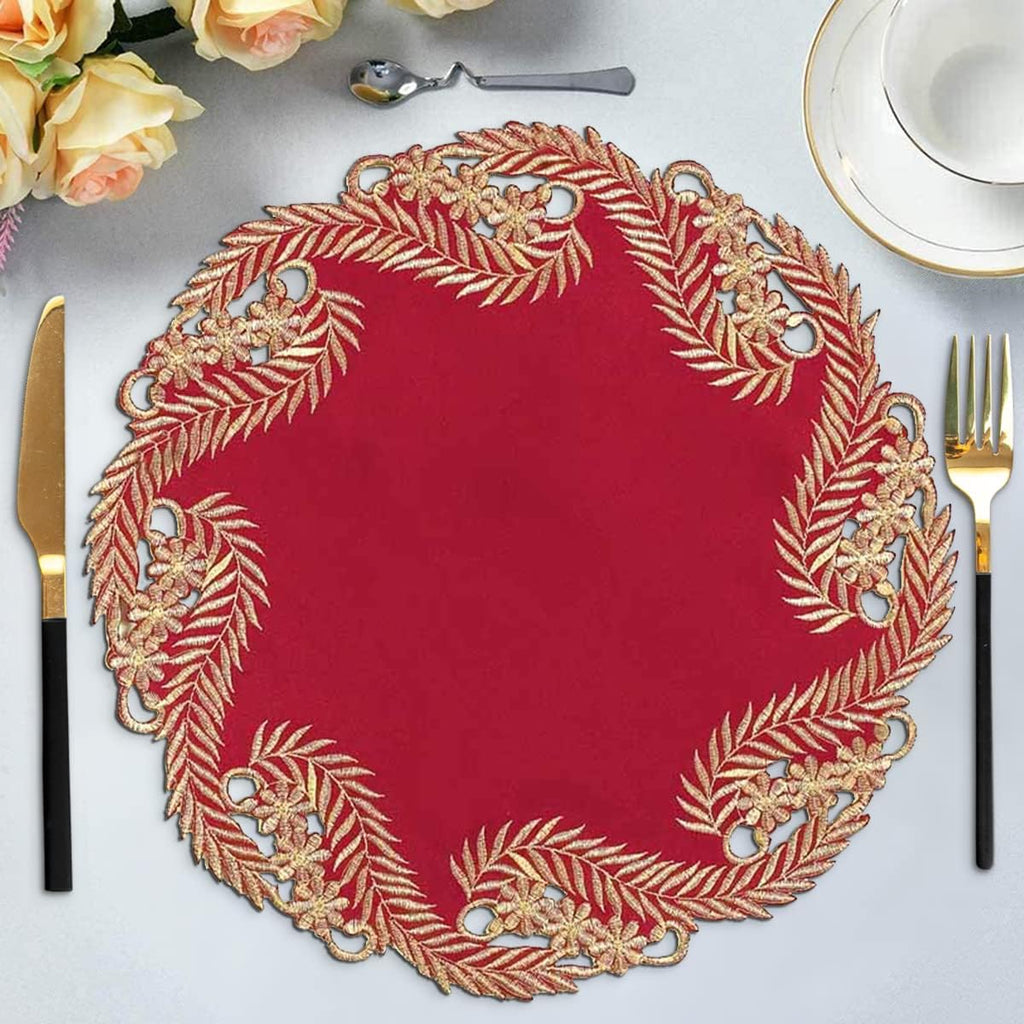 Wine Grace – Burgundy Gold Table Doilies, Anyce Collection Modern Dining Décor 15 inch