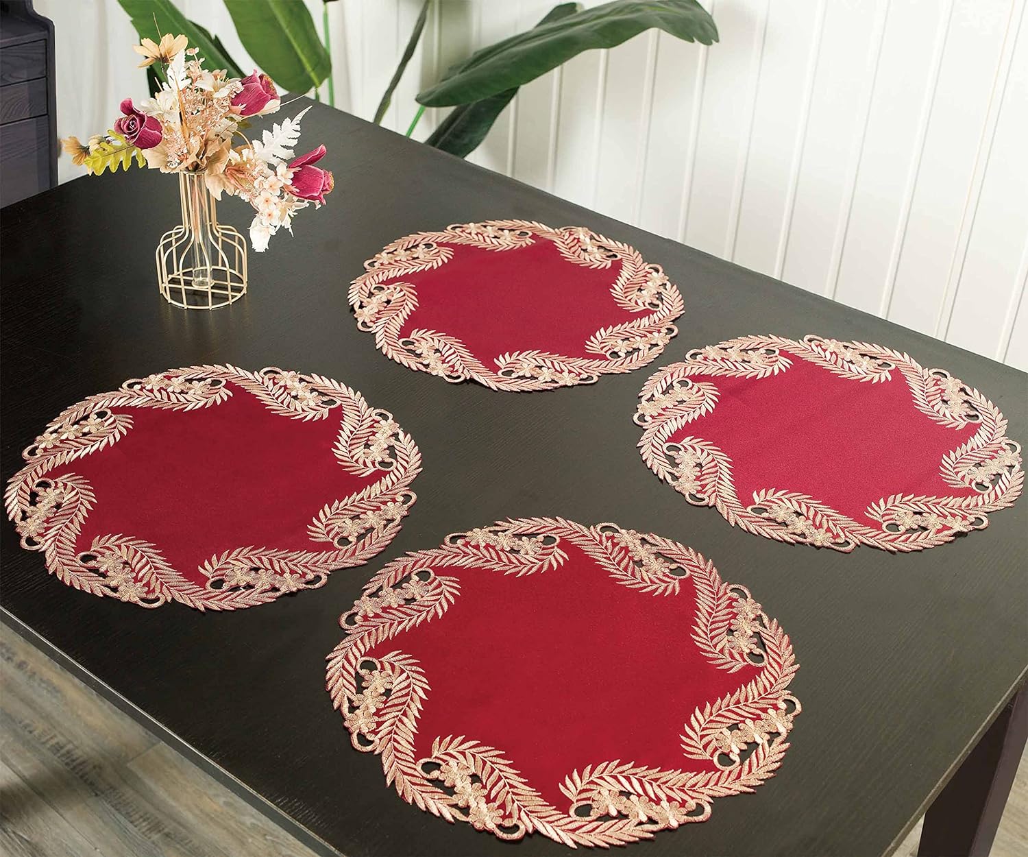 Wine Grace – Burgundy Gold Table Doilies, Anyce Collection Modern Dining Décor 15 inch