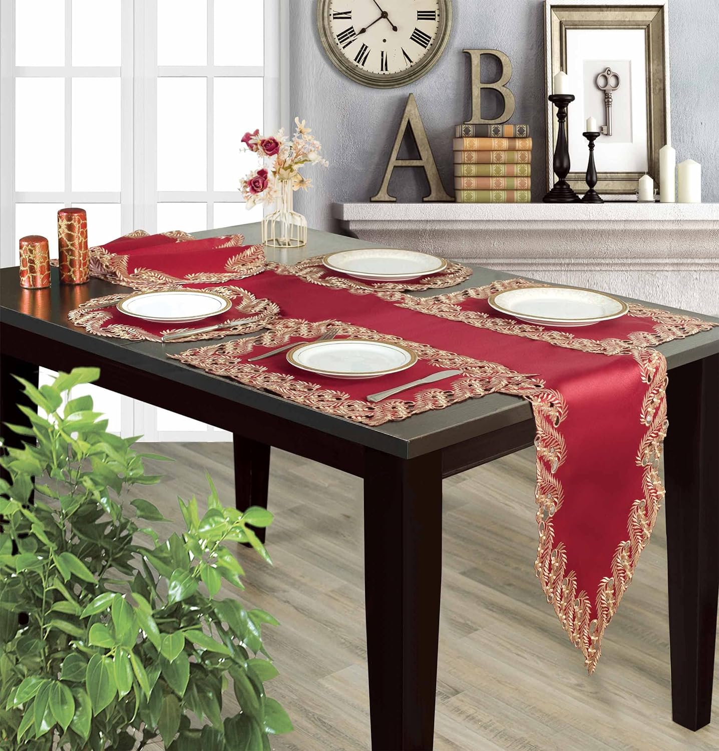 Wine Grace – Burgundy Gold Table Doilies, Anyce Collection Modern Dining Décor 15 inch